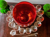 Vintage Punch Bowl Set Ruby Red Blown Glass With 12 Glasses Ladle And Stirring Stick Unique Set