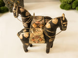 Wood Carved Horses Pair With Inlaid Brass Copper Bone Tang Dynasty Style Chinoiserie