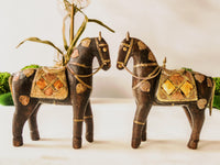 Wood Carved Horses Pair With Inlaid Brass Copper Bone Tang Dynasty Style Chinoiserie