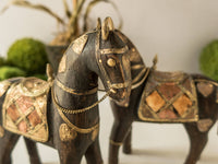 Wood Carved Horses Pair With Inlaid Brass Copper Bone Tang Dynasty Style Chinoiserie