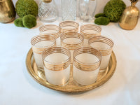 Vintage Georges Briard Glasses Signed Gold Gilded Striped Rim Frosted With Brass Gallery Tray