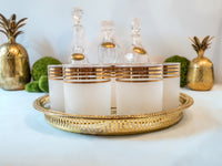 Vintage Georges Briard Glasses Signed Gold Gilded Striped Rim Frosted With Brass Gallery Tray