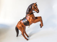 Vintage Leather Covered Horse Statue Sculpture Rearing Horse Tall 16" English Equestrian
