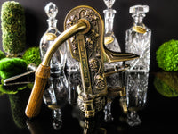 Vintage Estate Wine Opener With Stand Brass Oak Wood Decorker Bar Hollywood Regency Barware