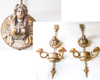 Large Neoclassical Candle Holder Sconce Pair Gilded Wall Decor