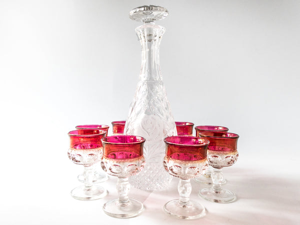 Vintage King’s Crown Ruby Flashed Glasses And Decanter By Tiffin Franciscan 9 Piece Set