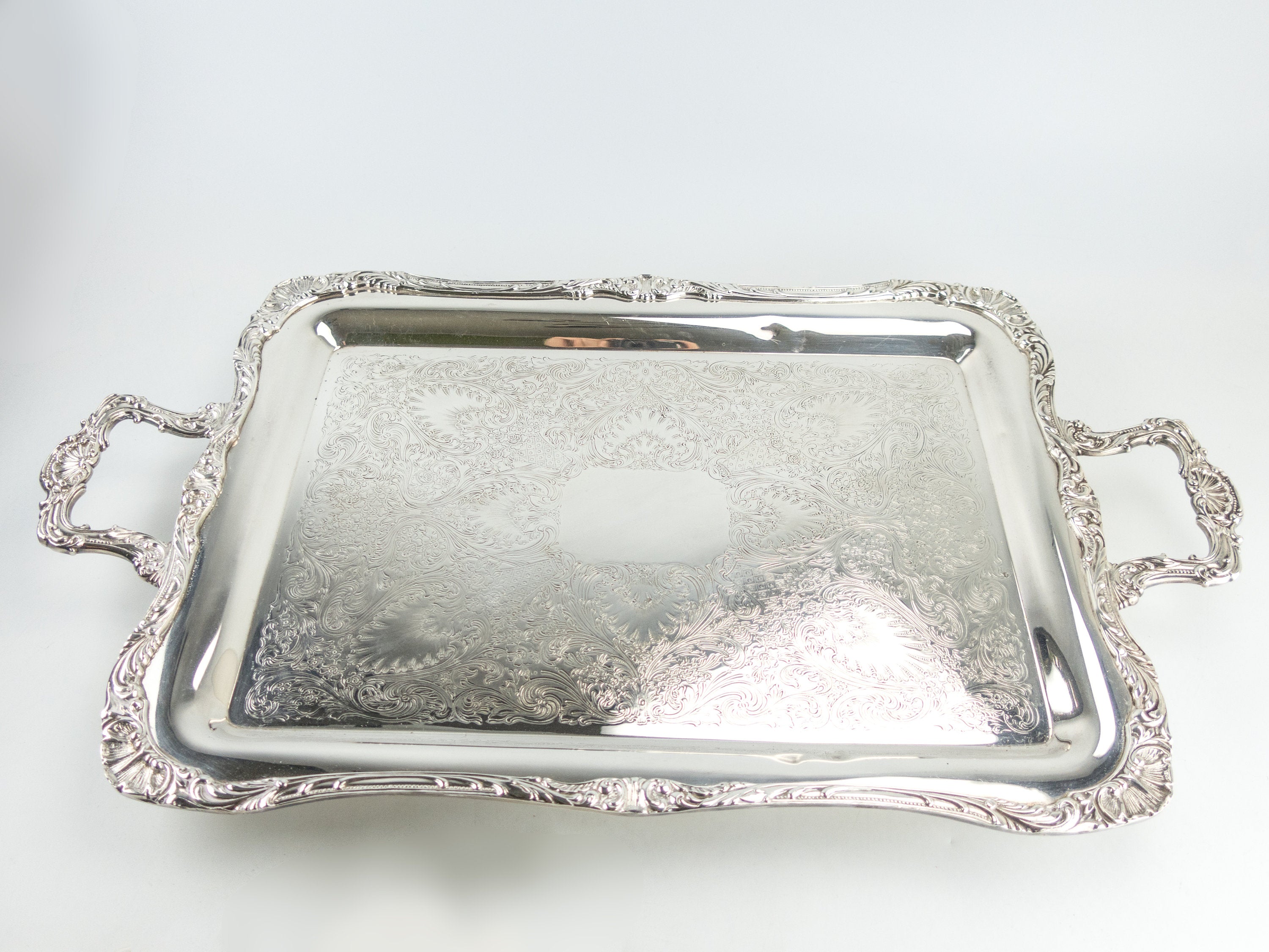 Vintage Ornate Silver Plate Footed Serving Tray Spring Flower Wm
