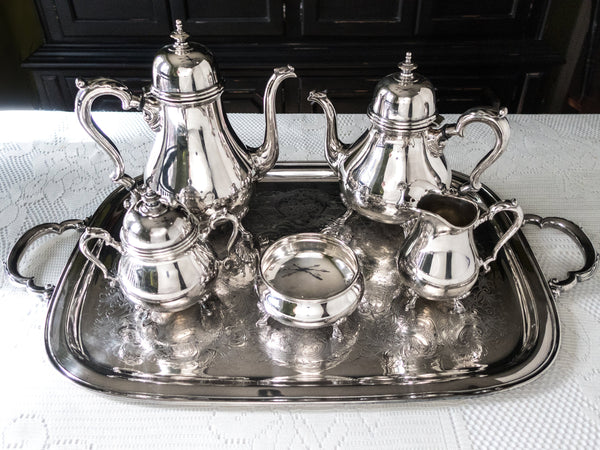 Antique Silverplate Tea Set Coffee Service Georgian Court With Tray 6 Pieces Silver Soldered