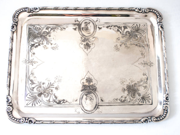 Antique Silver Plate Serving Tray Medallion Portrait 1860s Rare Greek Revival