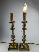 Antique Pair Brass Candlestick Lamps Hubbell Socket Pull Chain BOTH WORK