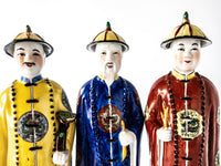 Vintage Set Of 3 Asian Men Statues Qing Dynasty Emperors Hand 14" Painted Porcelain Chinoiserie