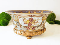 Vintage Hand Painted Bowl With Gold Base Cherubs 24 KT Gold Birds Women French Blue Jardiniere