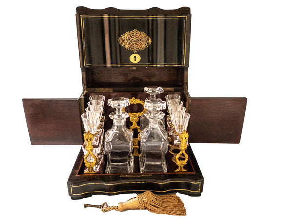Antique French Tantalus Box With Baccarat Crystal Cordial Decanter Set Gilt Bronze