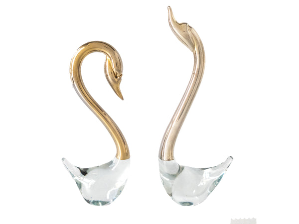 Pair Brass And Murano Glass Swan Sculptures
