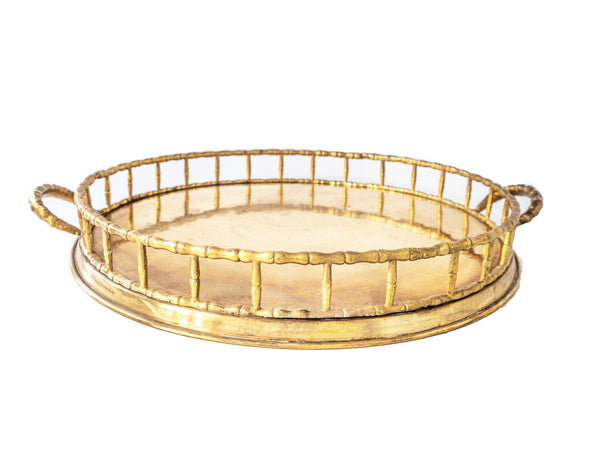Vintage Brass Gold Tray Bamboo Round Hollywood Regency MidCentury