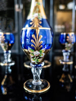 Vintage Cobalt Blue and Gold Murano Crystal Decanter With 5 Glasses 24 KT