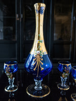 Vintage Cobalt Blue and Gold Murano Crystal Decanter With 5 Glasses 24 KT