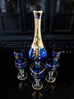 Vintage Cobalt Blue and Gold Murano Crystal Decanter With 5 Glasses 24 KT