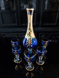 Vintage Cobalt Blue and Gold Murano Crystal Decanter With 5 Glasses 24 KT