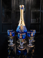 Vintage Cobalt Blue and Gold Murano Crystal Decanter With 5 Glasses 24 KT