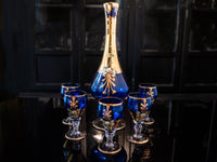 Vintage Cobalt Blue and Gold Murano Crystal Decanter With 5 Glasses 24 KT
