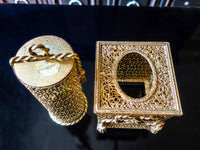 GuildCrest 24 KT Gold Filigree Vanity Set Hairspray Cover Tissue Cover Ormolu Hollywood Regency