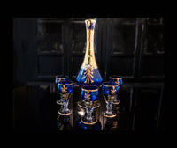 Vintage Cobalt Blue and Gold Murano Crystal Decanter With 5 Glasses 24 KT
