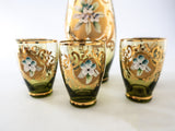 Vintage Green and Gold Murano Crystal Decanter With 5 Glasses