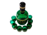Vintage Emerald Green and Gold Murano Crystal Decanter With 8 Glasses Barware