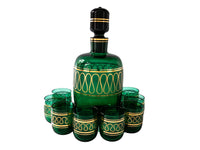 Vintage Emerald Green and Gold Murano Crystal Decanter With 8 Glasses Barware