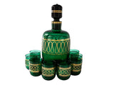 Vintage Emerald Green and Gold Murano Crystal Decanter With 8 Glasses Barware