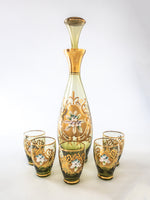 Vintage Green and Gold Murano Crystal Decanter With 5 Glasses