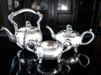 Antique Silver Plate Two Teapots And Sugar Bowl With Flower Finial Tea and Coffee Sets