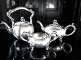 Antique Silver Plate Two Teapots And Sugar Bowl With Flower Finial Tea and Coffee Sets