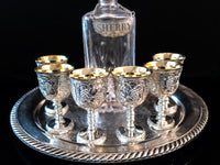 Vintage Silver Plate Cordial Goblet Shot Glass Set of 6 IOB Ornate Repousse Game Of Thrones Barware