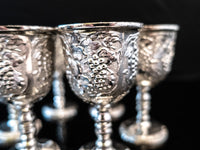 Vintage Silver Plate Cordial Goblet Shot Glass Set of 6 IOB Ornate Repousse Game Of Thrones Barware