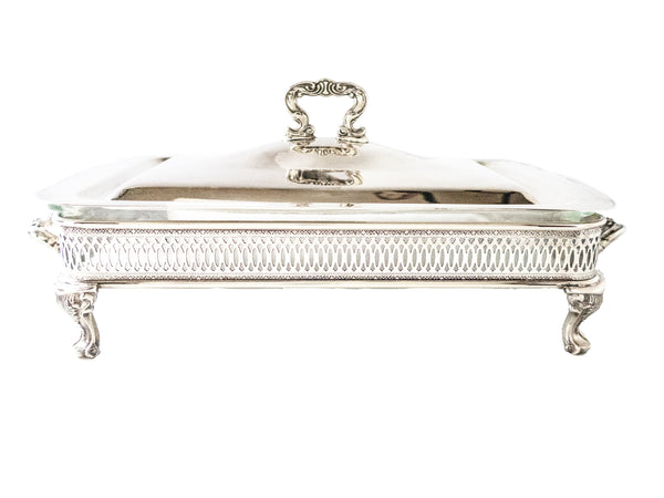 Silver Plate Covered Dish With Glass Casserole Serving Buffet Dish 2.6 Quart Silver And Silverplate