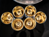Vintage Silver Plate Cordial Goblet Shot Glass Set of 6 IOB Ornate Repousse Game Of Thrones Barware