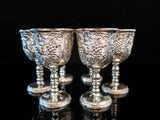 Vintage Silver Plate Cordial Goblet Shot Glass Set of 6 IOB Ornate Repousse Game Of Thrones Barware
