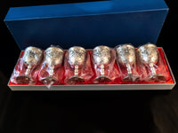Vintage Silver Plate Cordial Goblet Shot Glass Set of 6 IOB Ornate Repousse Game Of Thrones Barware