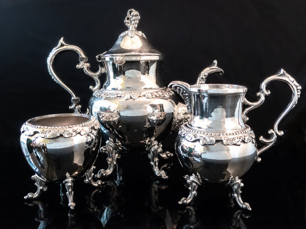 Vintage Silver Plate Teapot Set Grapes Birmingham Silver Co Bsc Silver On Copper Tea and Coffee Sets