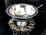 Vintage XL Silver Plate Floral Punch Bowl Set With 12 Cups And Ladle Silver And Silverplate