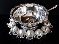Vintage Large Silver Plate Floral Punch Bowl Set With 12 Cups And Ladle Silver And Silverplate