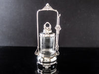 Antique Victorian Silver Plate Pickle Castor With Jadeite Stone And Tongs Etched Glass Silver And Silverplate