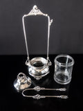 Antique Victorian Silver Plate Pickle Castor With Jadeite Stone And Tongs Etched Glass Silver And Silverplate