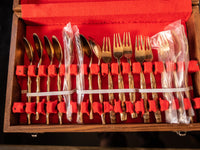 Vintage Bamboo Bronze Flatware 19 Piece Set Cake Set Wood Case