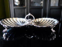 Large Vintage Silver Plate Divided Shell Tray Caviar Dish With Coy Fish Feet Trays