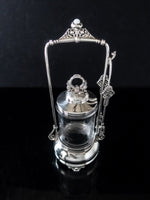 Antique Victorian Silver Plate Pickle Castor With Jadeite Stone And Tongs Etched Glass Silver And Silverplate