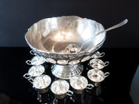 Vintage XL Silver Plate Floral Punch Bowl Set With 9 Cups And Ladle Silver And Silverplate