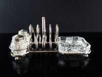 Silver Plate Cut Crystal Glass Toast Condiment Caddy Rack Stand Set England Silver And Silverplate